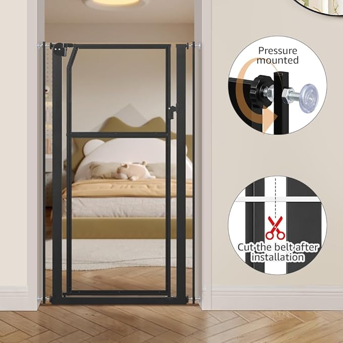 unipaws 56" Extra Tall Pet Gate, Clear Transparent Tall Cat Gate, 29.5-33.5" Wide No Drilling Pressure Mounted Dog Gate for Doorway, Hallway, Stairs, Black