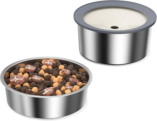 No Spill Water Bowl and Food Bowl Set for Dogs, 2L Large Slow Drinking Spilling Proof Water Dispenser & 1.5L Stainless Steel Dish Pet Feeder