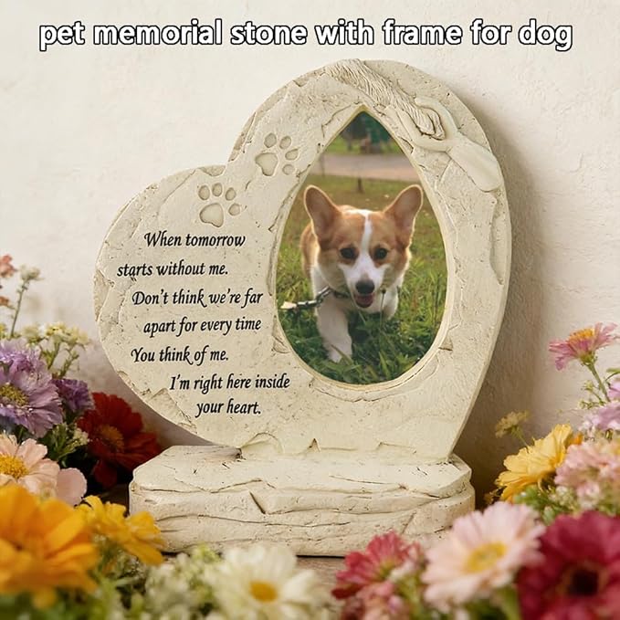 Heart Shaped Pet Dog Memorial Stones with Photo Frame, Pet Headstones Grave Stones for Dogs or Cats, Sympathy Pet Dog Memorial Gifts Remembrance Loss Gifts Outdoor or Indoor