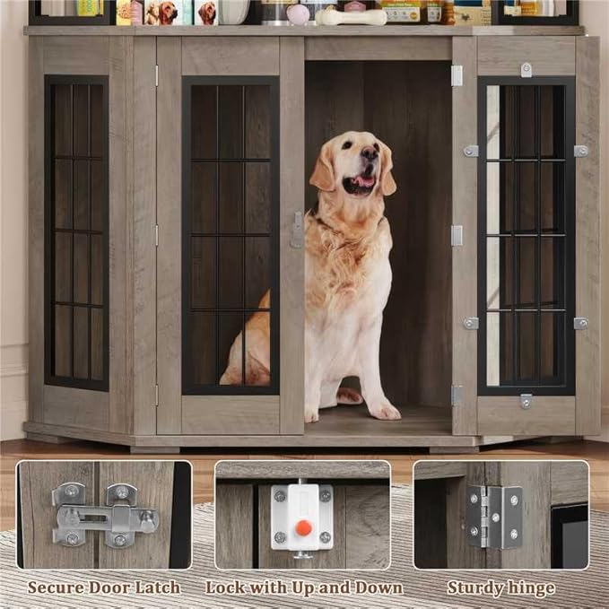FACBOTALL Corner Dog Crate Furniture with Storage, Decorative Large Dog Kennel Indoor Furniture with Double Doors, 2 Safety Locks, 4-Tier Shelves, Large Dog Cage Furniture for Medium and Big Dogs
