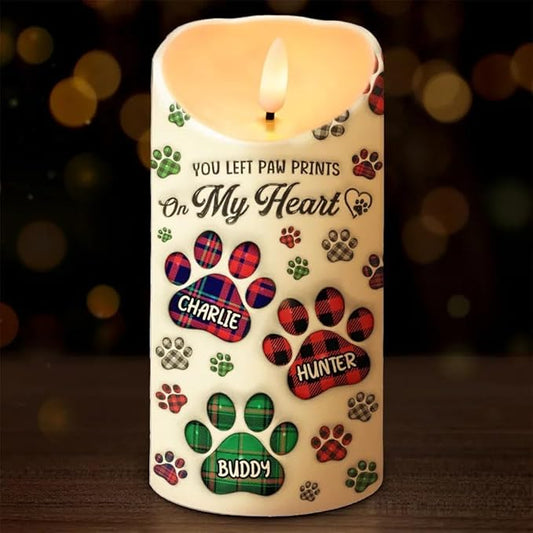 Personalized You Left Paw Prints On My Heart Memorial Led Candle Decor For Dog Mom & Dad On Pet Birthday & Memorial Remembrance Gift