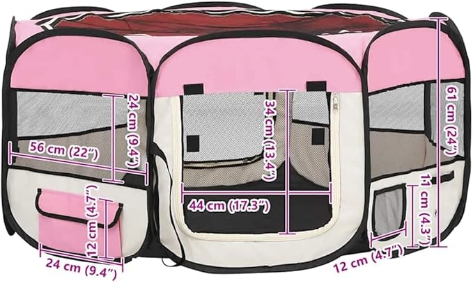 vidaXL Foldable Dog Playpen: Portable and Sturdy Design, Ideal for Travel and Home Use, with Storage Pockets and Zippered Mesh Roof, Pink