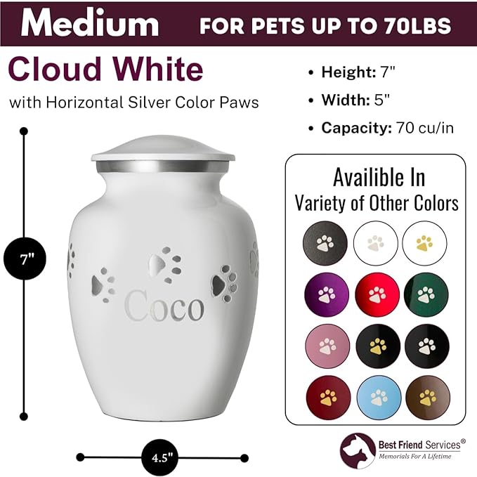 Ottillie Paws Premier Series Pet Urn for Dogs with Personalized Laser Engraving (Medium - Pets up to 65 lbs, Cloud White with Horizontal Pewter Paws)