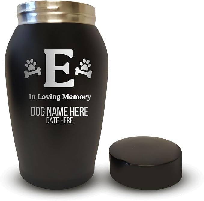 Personalized Custom Small Keepsake Urn Engraved with Pet Name, Date, and Dog Design - 5.2" Black Powder Coated Steel Cremation Urn for Dogs Ashes | 12-16 lb Capacity, Dog Bone and Paw