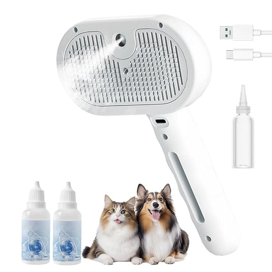 3 in 1 Pet Grooming Spray Brush for Dogs & Cats, Deshedding Hair Removal Tool with Water Mist, Grooming Tool for Long Short Hair Pets (White)