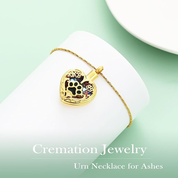 Heart Urn Necklace For Ashes Birthstone Pet Memorial Jewelry Dog Paw Print Cremation Pendant Stainless Steel Keepsake Gift For Pet Lovers