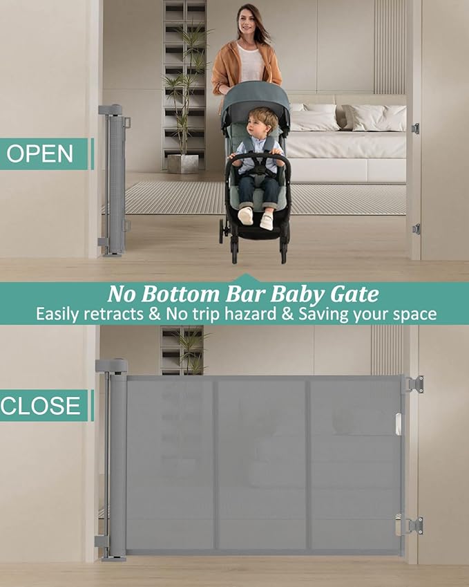 71 inch Retractable Baby Gates 42 inch Tall, Retractable Gate with Reinforced Strip Design to Prevent Crawling Through, 6 FT Retractable Dog Gate for Stairs, Doorways, Hallways, Indoor/Outdoor