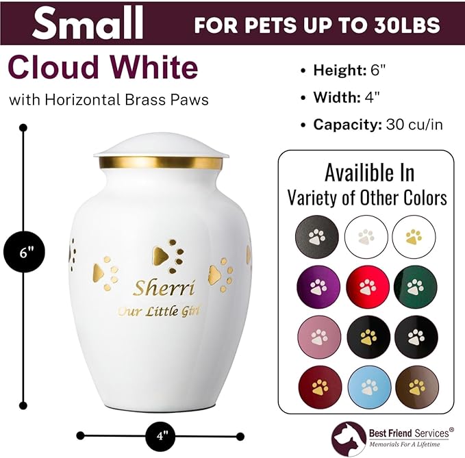 Ottillie Paws Premier Series Pet Urn for Dogs and Cats with Personalized Laser Engraving (Small - Pets up to 25 lbs, Cloud White with Horizontal Brass Paws)