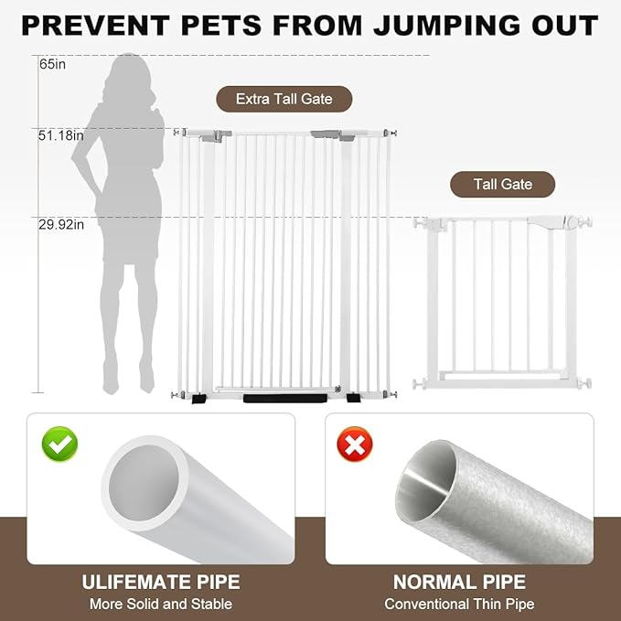 51.18" Extra Tall Cat Gate for Door Way Auto Close, 30"-40" Adjustable Width Pet Gate with 2.75" and 5.5" Extension Kits, No Drilling Pressure Mount Kit, White