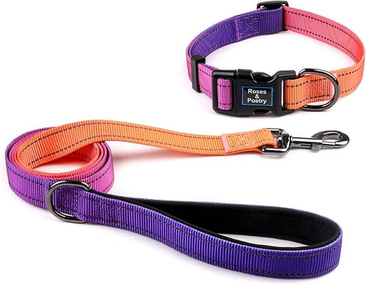 Roses&Poetry Reflective Dog Collar and Leash for Large Dogs, Purple Collars with Leashes Set, Adjustable Durable Pet Personalized Collars Leash for Medium Large Dogs （Mistyrose-L