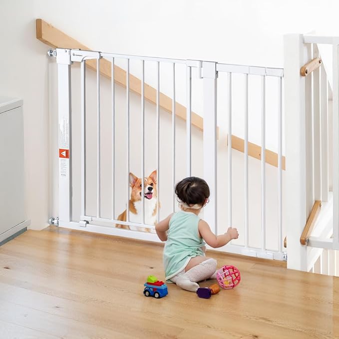 COMOMY 29.5-43.3" Baby Gate Extra Wide for Stairs Doorways, Auto Close Dog Gates for The House, Pet Gates with Walk Through Door, SturdyMetal Pressure Mounted Safety Child Gate, White