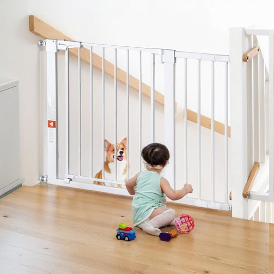 COMOMY 29.5-43.3" Baby Gate Extra Wide for Stairs Doorways, Auto Close Dog Gates for The House, Pet Gates with Walk Through Door, SturdyMetal Pressure Mounted Safety Child Gate, White