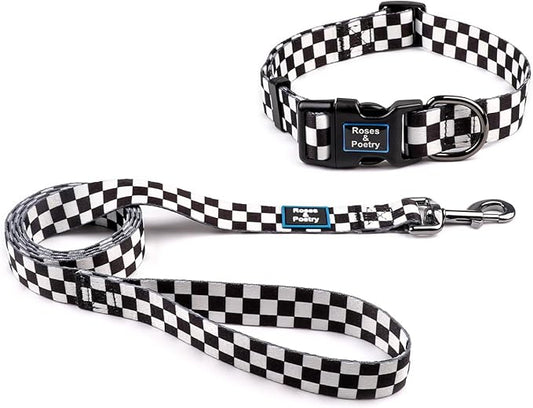 Roses&Poetry Dog Collar and Leash for Small,Adjustable Durable 5ft Puppy Leash Collar for Dog Training Lead（Black & White-S）