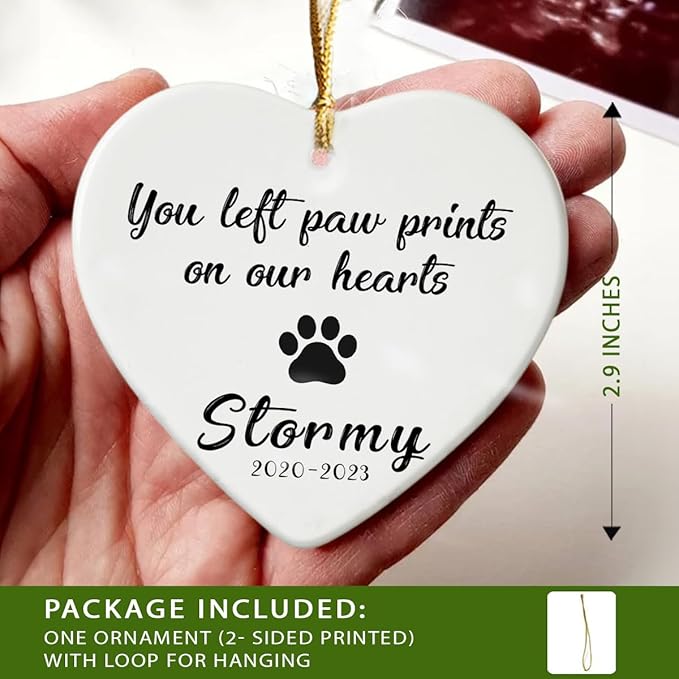 Personalized Pet Memorial Ornament for Dog or Cat - You Left Paw Prints on Our Hearts - Heart Ceramic Ornaments Hanging Decoration for Christmas Tree