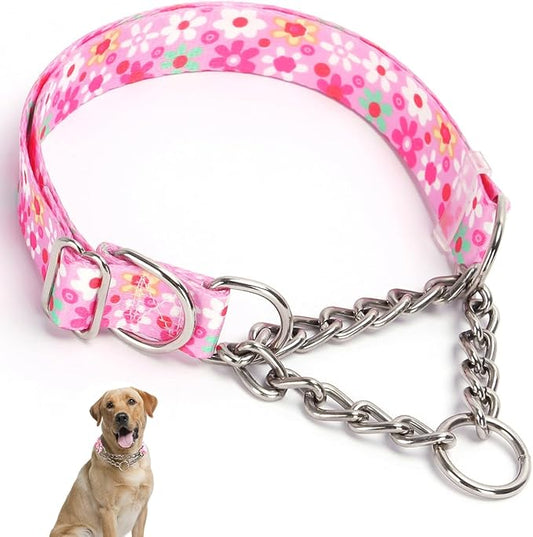 Stainless Steel Chain Martingale Dog Collar, No Pull Slip Cinch Choker Choke Collar Training Escape Proof Heavy Duty Dog Collar for Small Medium Large Pet Girl Female Dogs, Pink Floral L
