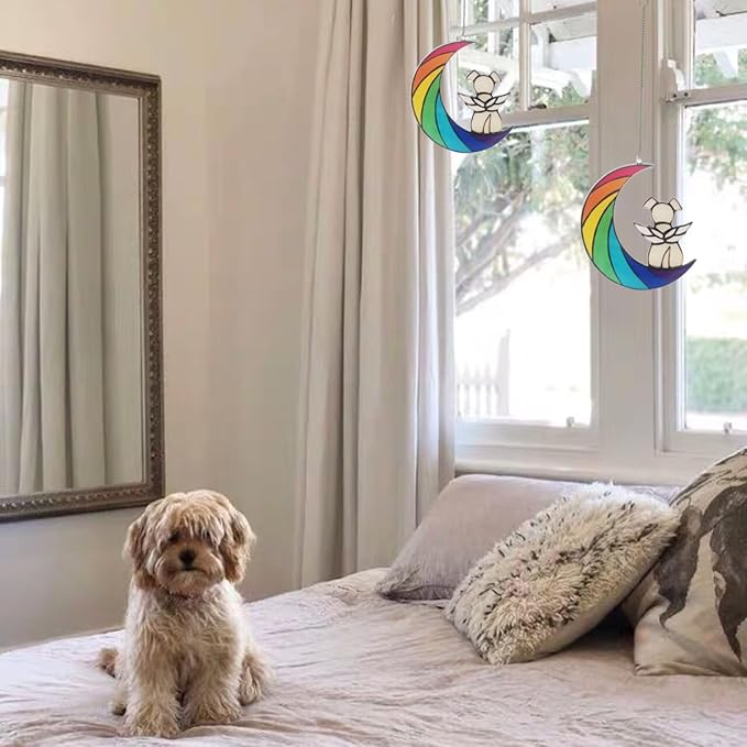 Dog Memorial Gifts for Loss of Dog Pet Sympathy Hanging Acrylic White Angel Dog on Rainbow Moon Dog Beverage Suncatcher Ornaments Decor Window Wall Sympathy Gift for Dog Lover