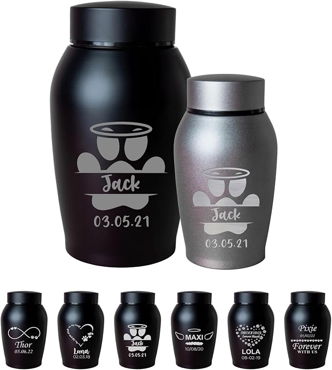 Personalized Cremation Keepsake Pet Ashes Urn Waterproof with Airtight Closure Customized Text Engraving Vase Container Memorial Dog Cat Funeral Decorative (Monogram paw with Halo)