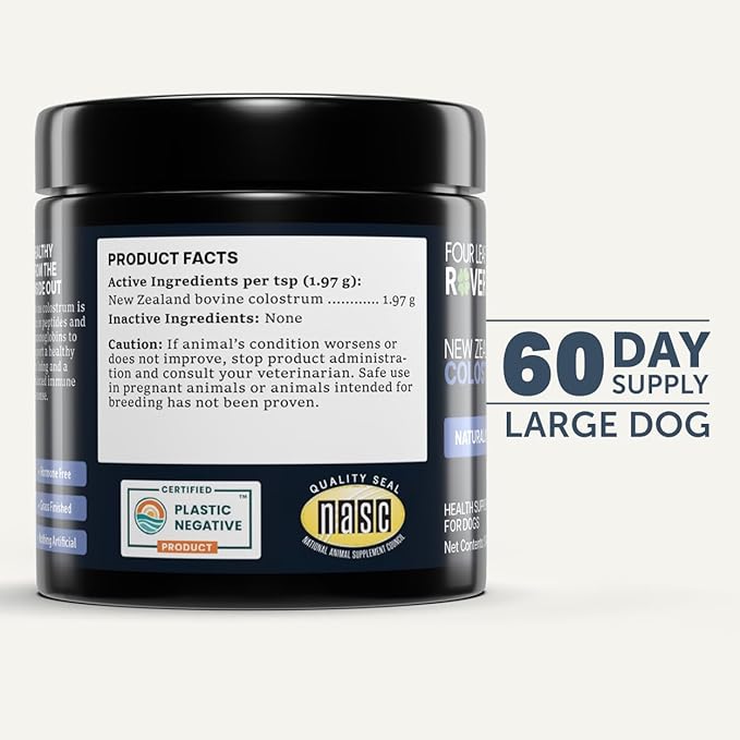 FOUR LEAF ROVER Colostrum for Dogs - Bovine Colostrum from 100% Grass-Fed New Zealand Cows - Skin, Gut & Immune Support - 60 Day Large Dog Supply