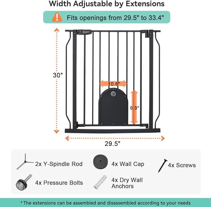 COMOMY 29.5-33.4" Baby Gate with Adjustable Cat Door,Extra Wide Metal Cat Gate for Stairs Doorways, Auto Close Dog Gate with Pet Door for House, Pressure Mounted Easy Walk Through (30" Tall, Black)