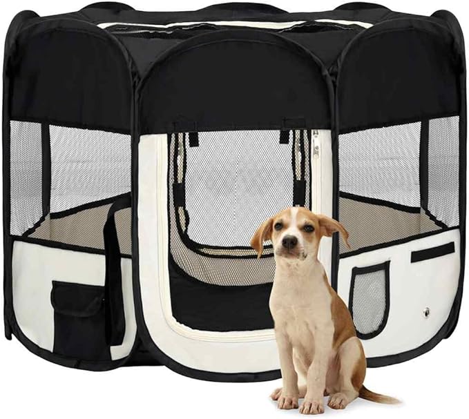 vidaXL Dog Playpen Black and Cream Polyester, Steel 35.4x35.4x22.8 in
