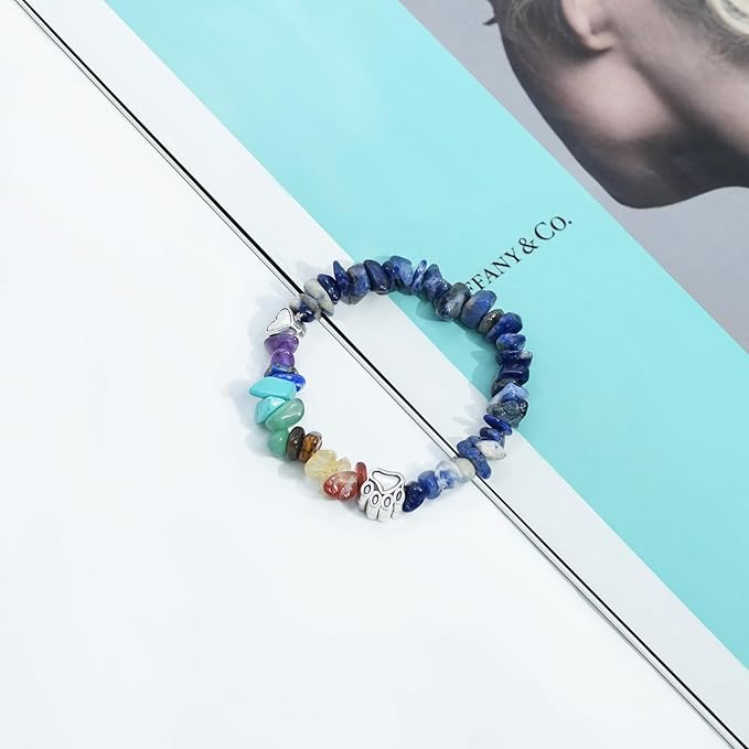 Rainbow Bridge Pet Memorial Bracelet - 7 Colors Chakra, Sympathy Gift for Loss of Dog or Cat, 7MM Mixed Color Gravel Stone, Bracelet for Grieving Pet Owners
