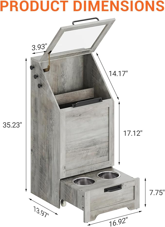 Dog Feeding Station, with Pet Feeding Station,Flip Top Dog Food Storage Cabinet, 2 Elevated Bowls, Includes 3 Hooks for Accessories – Space-Saving Design, Grey