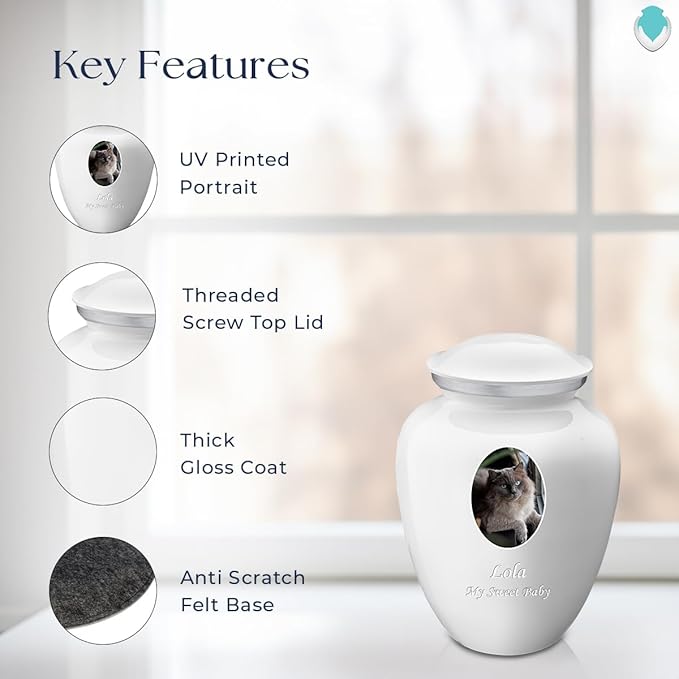 Geturns Embrace Personalized Picture Urn for Small Pets I White Photo Cremation Urns for Dogs and Cats I 44 lbs