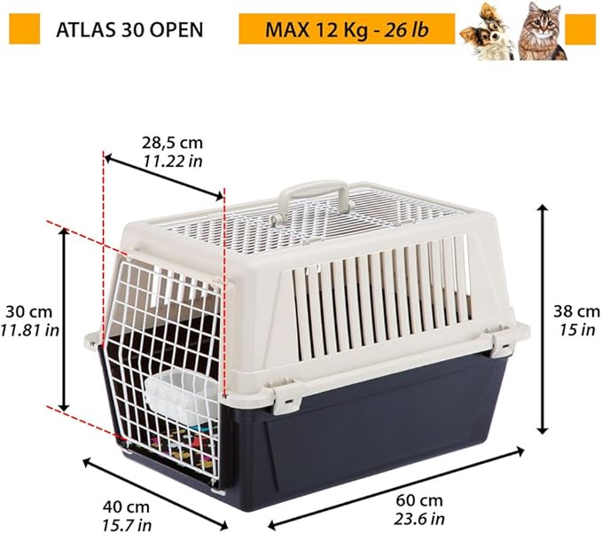 Ferplast Cat Carrier Small Dog Carrier, Double Opening, Secure, Practical, Easy to Clean, Durable Pet Travel Box up to 12 Kg, Includes Cushion, 60 x 40 x h. 38 cm