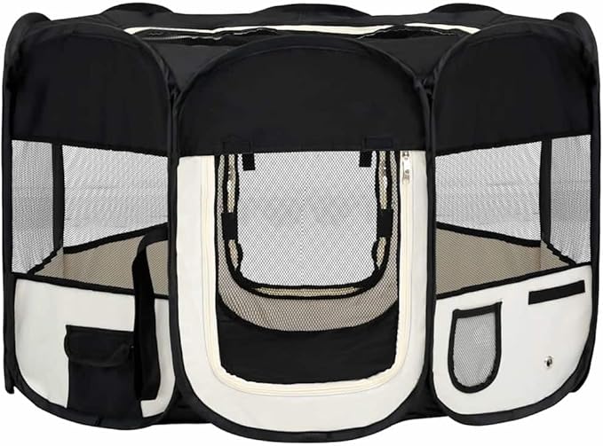vidaXL Dog Playpen Black and Cream Polyester and Steel Medium Foldable