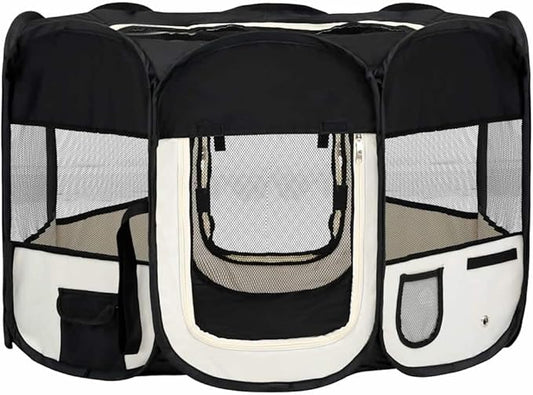 vidaXL Dog Playpen Black and Cream Polyester and Steel Medium Foldable