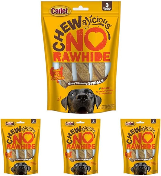 Cadet Chewalicious Chewy 'N Crunchy Spiral Dog Treats, Limited Ingredient, Rawhide-Free, Long-Lasting Chews for Dogs Made with Real Chicken, 3 Count, Pack of 4