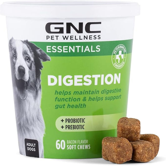GNC Pets Essentials Dog Probiotic Soft Chews for Digestive Support, Bacon Flavor Daily Supplement with Prebiotics, Probiotics and Enzymes for Puppies and Adult Dogs in Reusable Jar, 60 Count