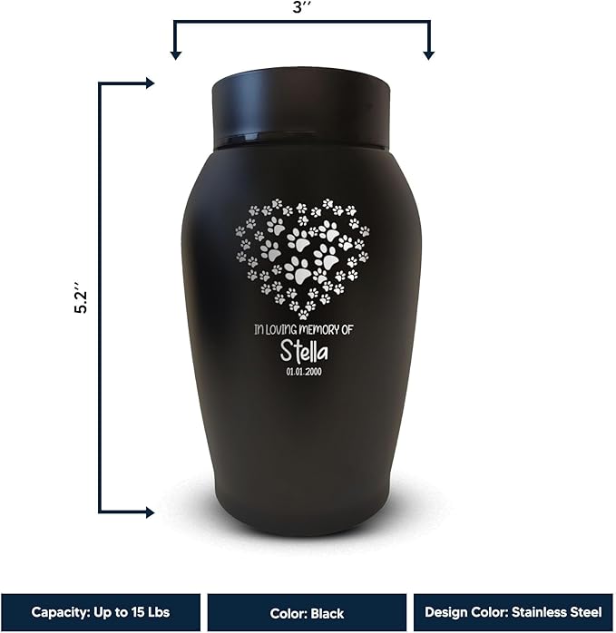 Personalized Custom Small Keepsake Urn Engraved with Pet Name, Date, and Dog Design - 5.2" Black Powder Coated Steel Cremation Urn for Dogs Ashes | 12-16 lb Capacity, Paw Print Heart