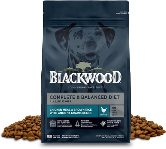 Blackwood Complete & Balanced Diet Dry Dog Food, Chicken Meal & Brown Rice with Ancient Grains, 4.5 Pound Bag, Slow Cooked with Vitamins & Minerals