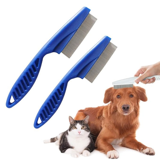 2PCS Multifunctional Pet Hair Comb, 2025 New Tear Stain Removal Comb Pet Grooming Brush, Dual-Sided Fine-Tooth Stainless Grooming Massage Comb Kit for Puppies (Blue)
