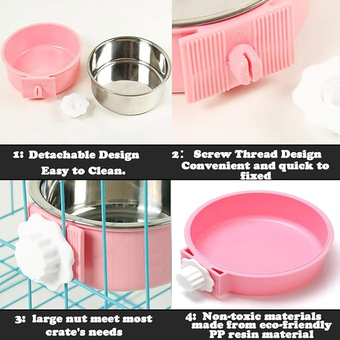 Love Dream Crate Dog Cat Bowls, Removable Stainless Steel Hanging Pet Cage Bowls Kennel, Food Water Feeder with Bolt for Puppy Birds 2 Pack with Silicone Sponge Dish Brush