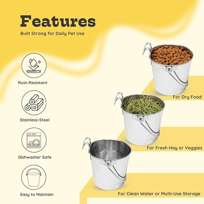 4 Quart Stainless Steel Flat Sided Bucket with Dual Hooks | 2 Pcs Durable Food & Water Bowl for Dogs Cats Goat & Livestock | Fits kennel Cage Critter Crate Hanging Pet Pail | Multipurpose