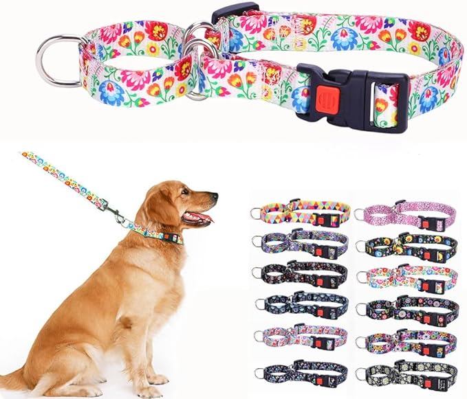 Dog Martingale Collars for Large Dogs, No Slip Escape Proof Limited Choke Pinch Pet Collars Quick Release Buckle with Lock for Small Medium Large Breed Dogs, Bromeliad White L