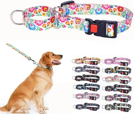 Dog Martingale Collars for Large Dogs, No Slip Escape Proof Limited Choke Pinch Pet Collars Quick Release Buckle with Lock for Small Medium Large Breed Dogs, Bromeliad White L