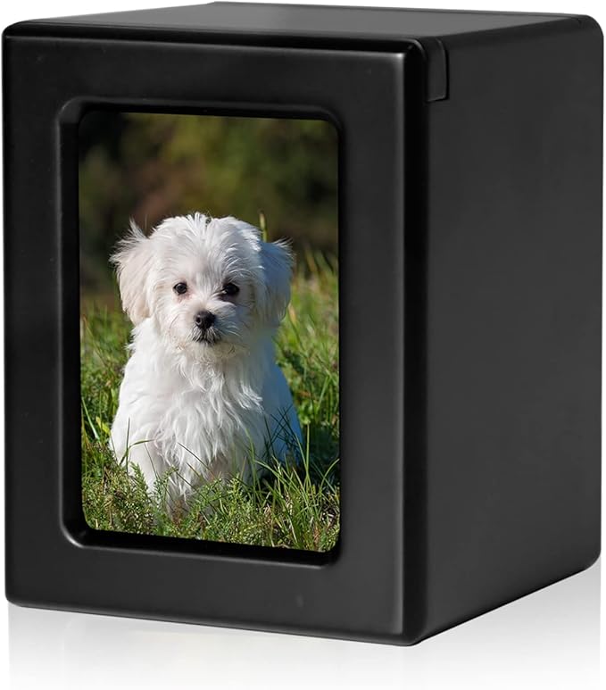Wooden Dog Ashes Urn, Black, Solid, Small (0-25lbs), Photo Frame, Polished Finish