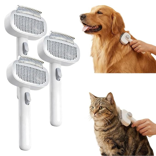 2026 New Pet Grooming Combo with Release Button, 2-in-1 Pet Self Detangling Grooming Comb with Adjustable Stainless Steel Metal Teeth, Easy to Remove Loose Undercoat Matted Fur & Tangles (3pcs)
