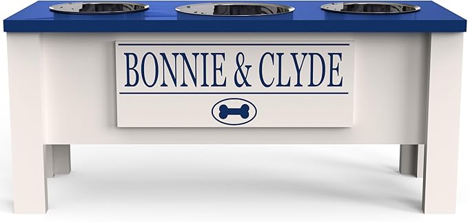 GTW Elevated 3 Bowl Dog Feeding Station - Customized Triple Stand for Large Dogs - Includes Storage & Stainless Steel Bowls (Large, Blue)