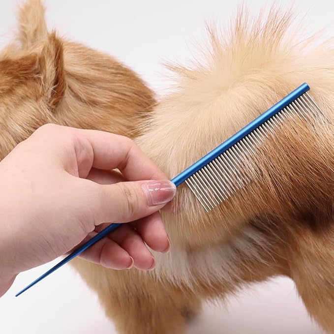 Professional Pet Grooming Comb, 7.2-Inch Stainless Steel Detangling Tool with Ergonomic Handle for Dogs and Cats, Long and Short Coats (Blue, Medium)