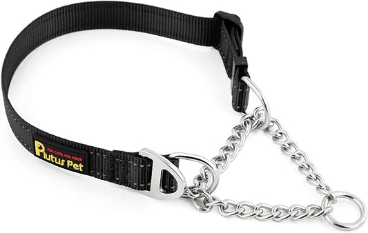 Plutus Pet Martingale Dog Collar with Stainless Steel Chain and Reflective Nylon, Adjustable No Pull Training Collar, for Small Medium, and Large Dogs, Black, M