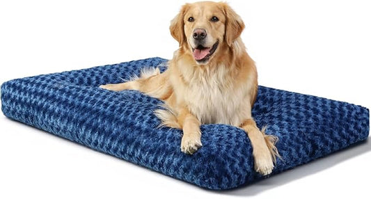 KSIIA Washable Dog Bed Comfy Dog Crate Pad Deluxe Plush Pet Bed Non-Slip Kennel Pad for Large Dogs, 35" x 23", Blue