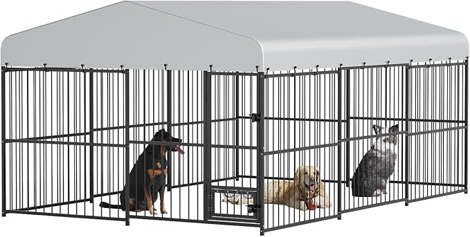 Garvee Dog Kennel Outdoor with Waterproof Canopy, Large Dog House with Feeding Doors, Large Dog Kennel Outdoor for Garden Backyard Courtyard（10×15×7FT）