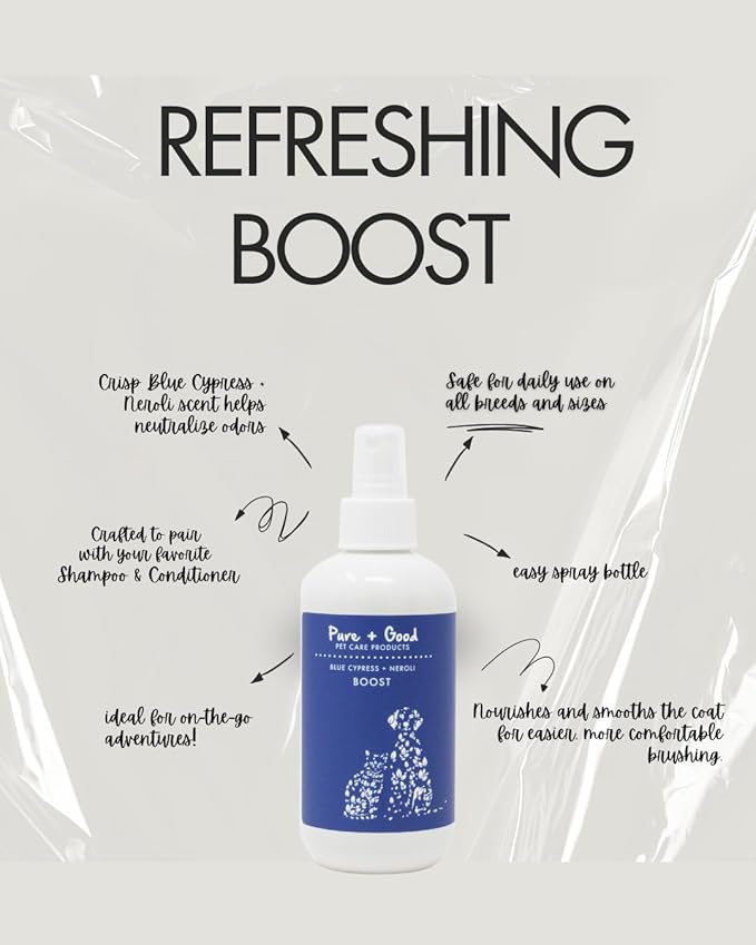 Refreshing Boost 8 oz - Nourishes Skin and Smoothes Coat, Deodorizing, Conditioning - Plant Based Fragrance Oils (Blue Cypress + Neroli)