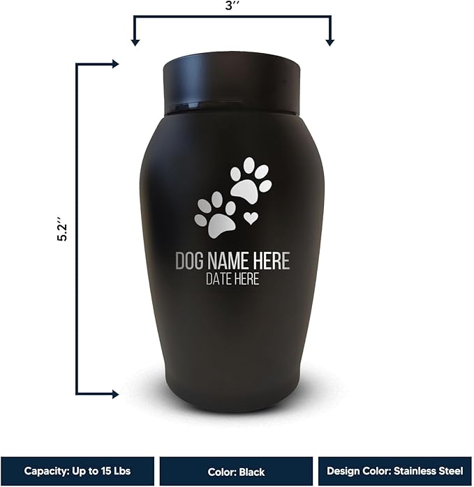 Personalized Custom Small Keepsake Urn Engraved with Pet Name, Date, and Dog Design - 5.2" Black Powder Coated Steel Cremation Urn for Dogs Ashes | 12-16 lb Capacity, Dog Paws