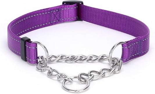 Martingale Dog Collar with Stainless Steel Chain and Leash Set, Martingale Collar with Reflective, 5FT Double Handle Dog Leash Padded, Adjustable for Medium Large Dogs (Purple Collar, M)