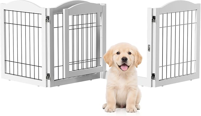 VINGLI Freestanding Dog Gate with Door, Pet Gate with Walk Through Door, Foldable Pet Safety Fence for Stairs Doorways Fireplace (24" H - 4 Panels)